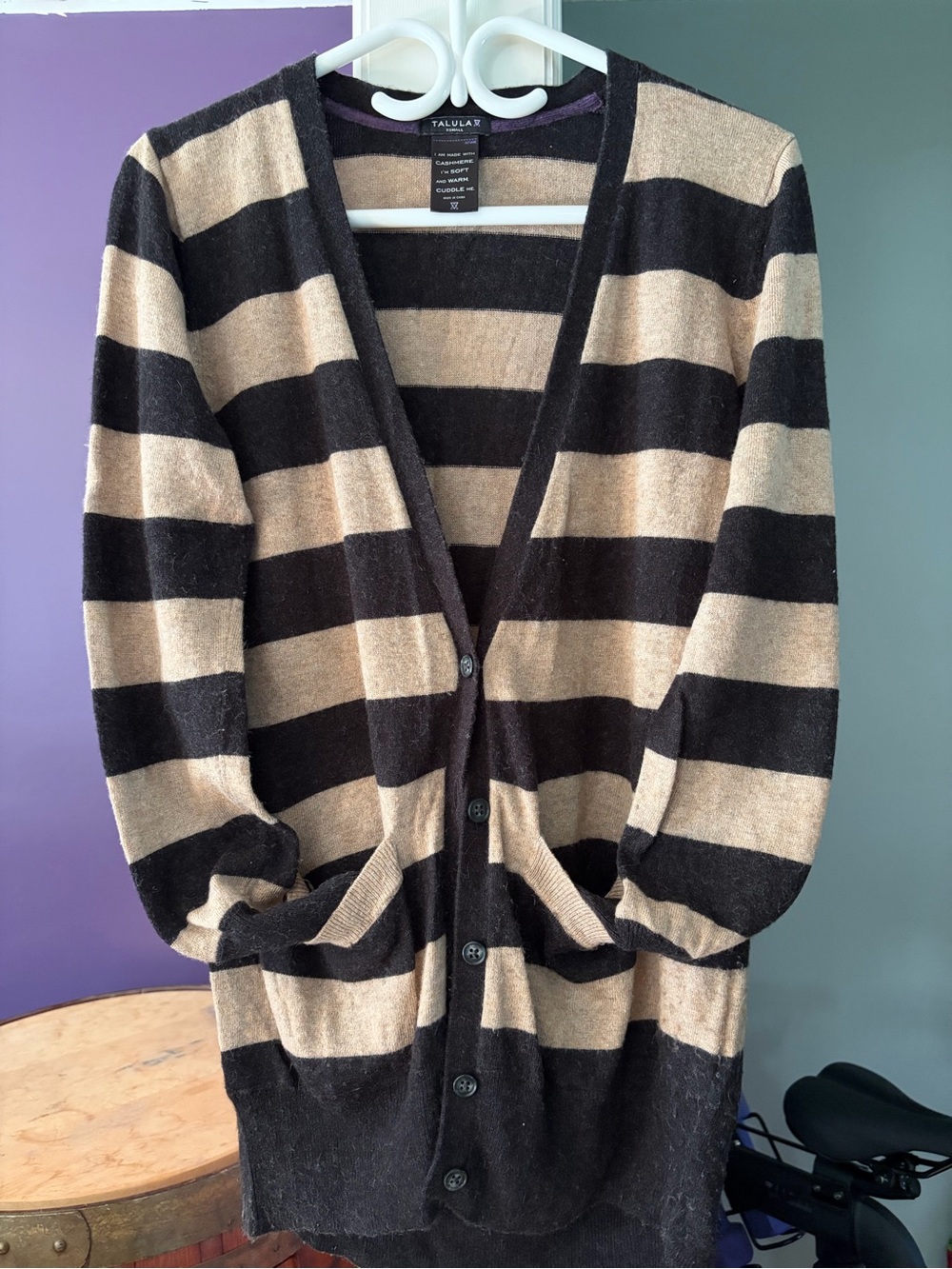 Talula Striped Button-Front Cardigan in Black and Beige